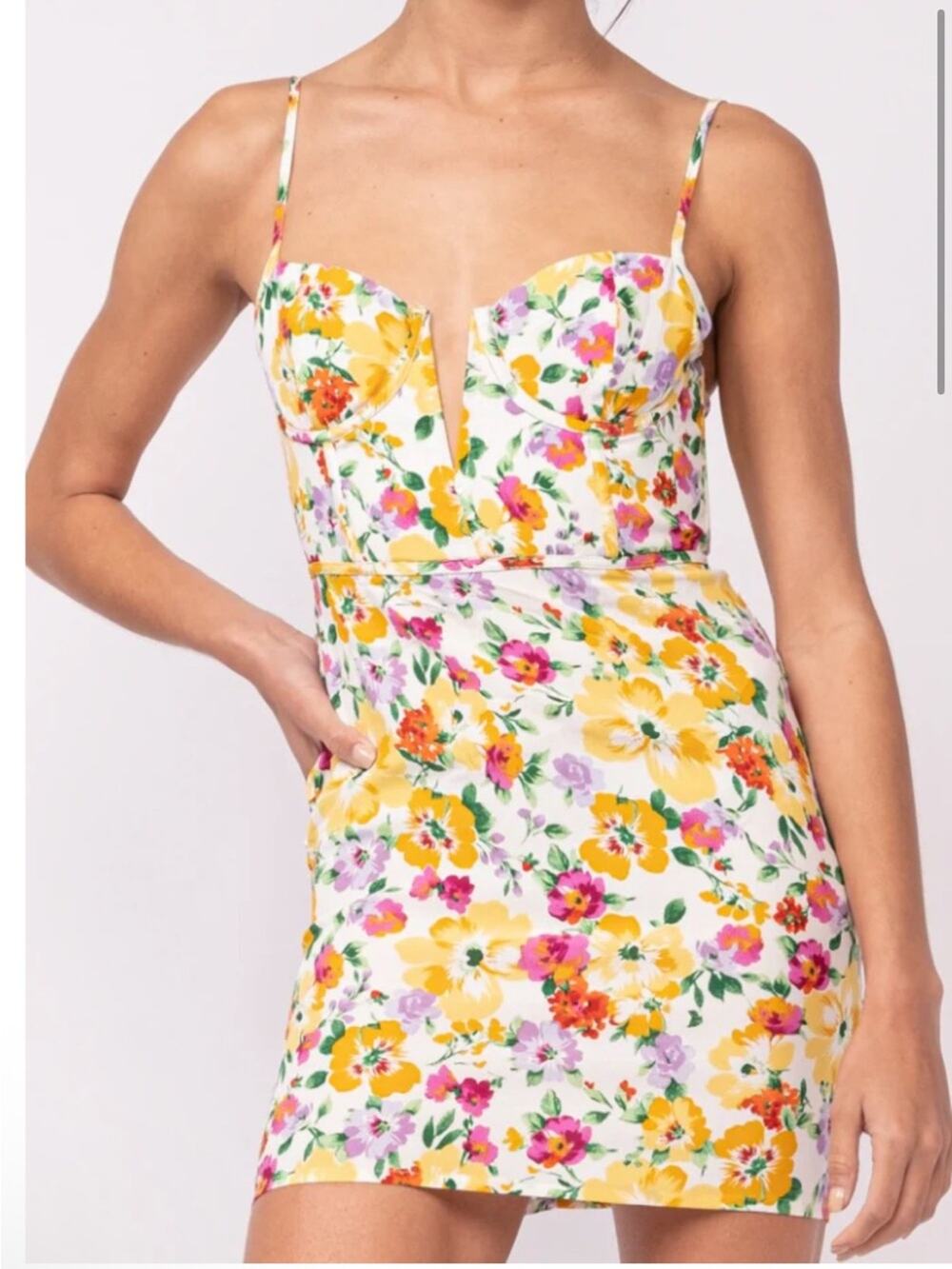 Miss Lola Floral V-Neck Spaghetti Strap Mini Dress Yellow Pink Floral Women’s S